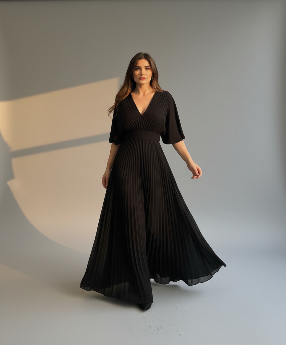 Women’s Elegant Pleated Maxi Dress with Wide Sleeves - Flowy Long Dress for Formal & Casual Occasions