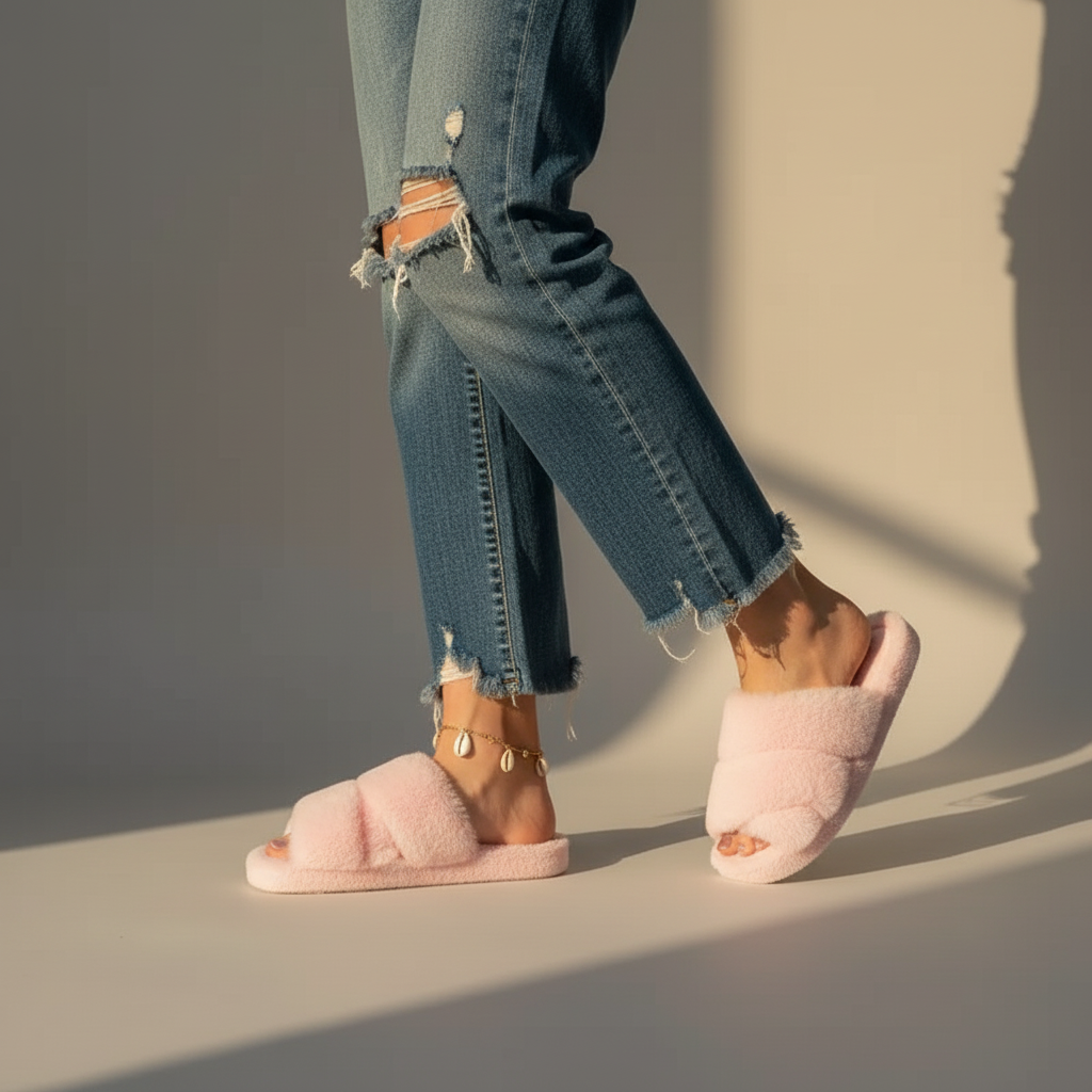 Women’s Open Toe Plush Slippers with Adjustable Strap - Soft Cushioned Sole for Indoor & Outdoor Comfort