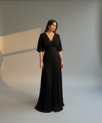 Women’s Elegant Pleated Maxi Dress with Wide Sleeves - Flowy Long Dress for Formal & Casual Occasions