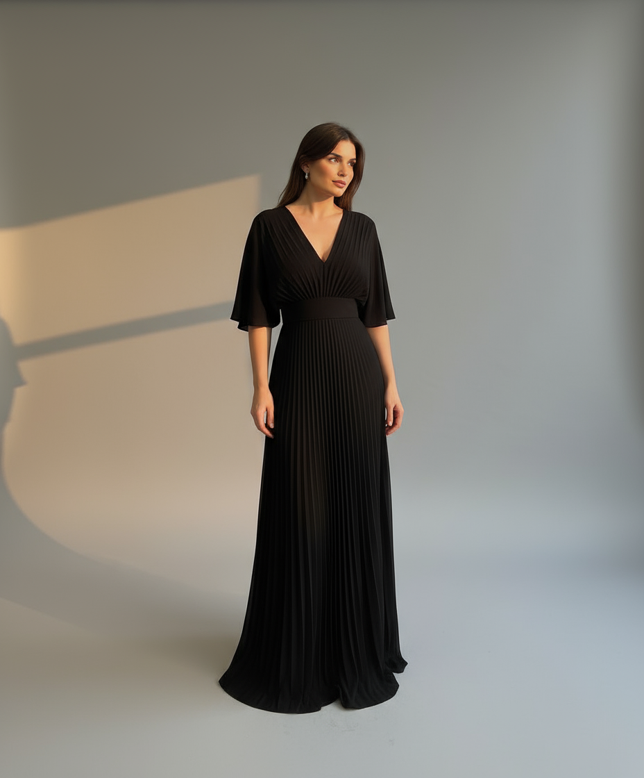 Women’s Elegant Pleated Maxi Dress with Wide Sleeves - Flowy Long Dress for Formal & Casual Occasions
