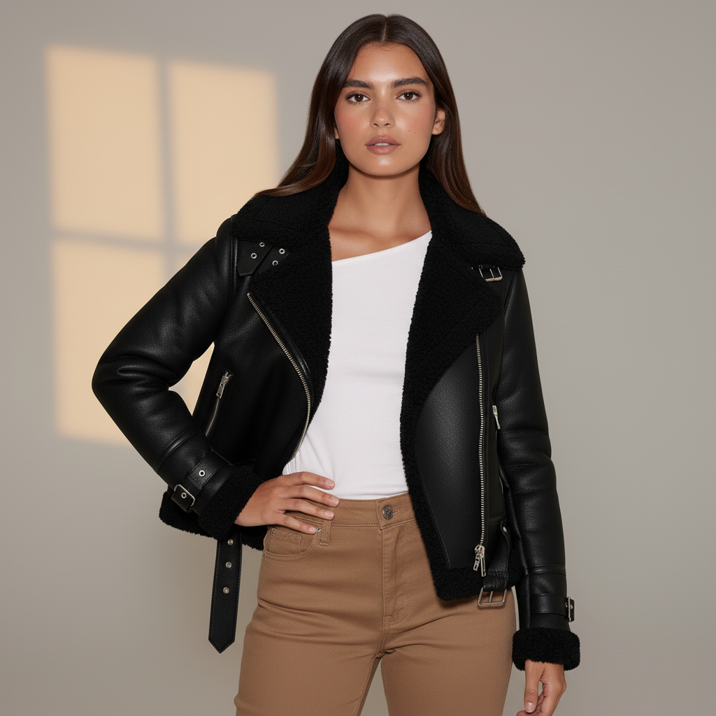 Women’s Faux Leather Jacket with Belted Hem - PU Suede Biker Coat with Zipper Closure and Shearling Lining