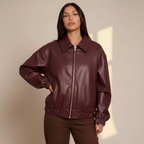 Women’s Faux Leather Jacket with Zipper Front - PU Moto Jacket with Classic Lapel Collar