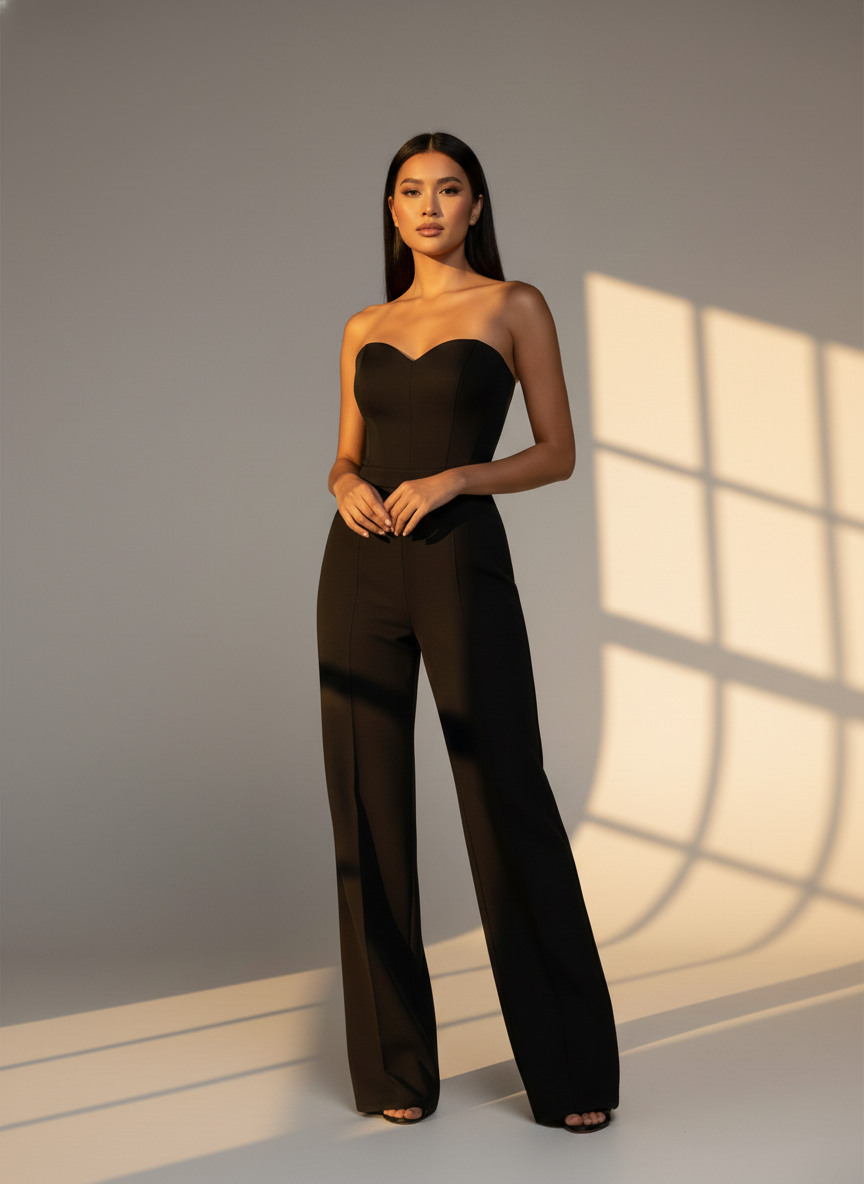 Women's Strapless Jumpsuit with Fitted Bodice and Flared-Leg Pants - Elegant Formal & Evening Wear