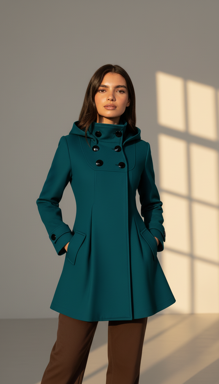 Women's Hooded A-Line Winter Coat - Double-Breasted Trench Style with Flared Silhouette