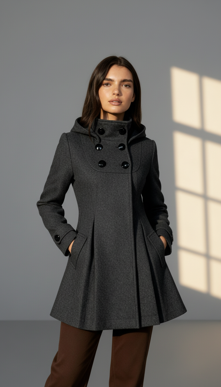 Women's Hooded A-Line Winter Coat - Double-Breasted Trench Style with Flared Silhouette