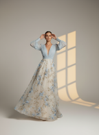 Women's Elegant V-Neck Floral Maxi Dress with Long Sleeves - Romantic Evening & Wedding Guest Dress