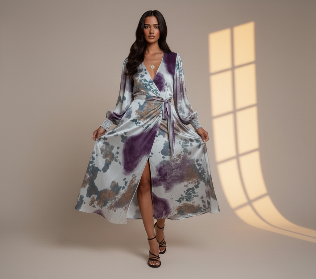 Women's Tie-Dye Satin Wrap Maxi Dress with Waist Tie - Boho Elegant Evening & Party Dress