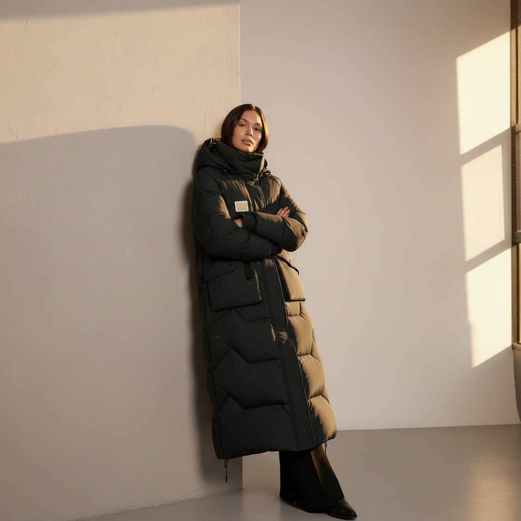 Julia Long Hooded Puffer Jacket - Quilted Padded Winter Coat for Women