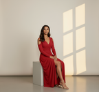 Women's Long Sleeve Wrap Maxi Dress with Front Slit - Elegant Evening & Party Gown