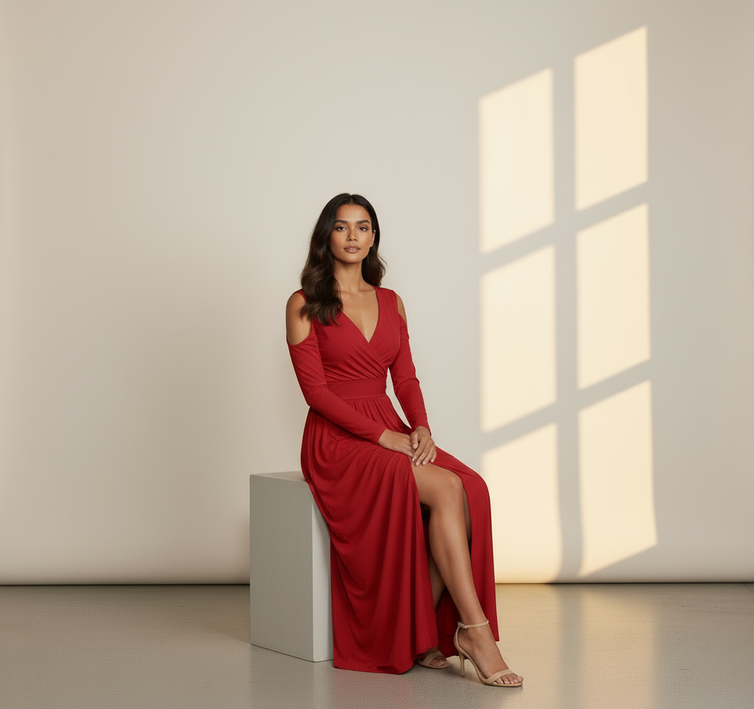 Women's Long Sleeve Wrap Maxi Dress with Front Slit - Elegant Evening & Party Gown