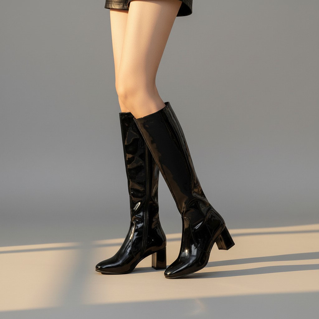 Women’s Shiny Knee High Boots with Block Heel - Sleek Gloss Finish and Modern Elegant Style