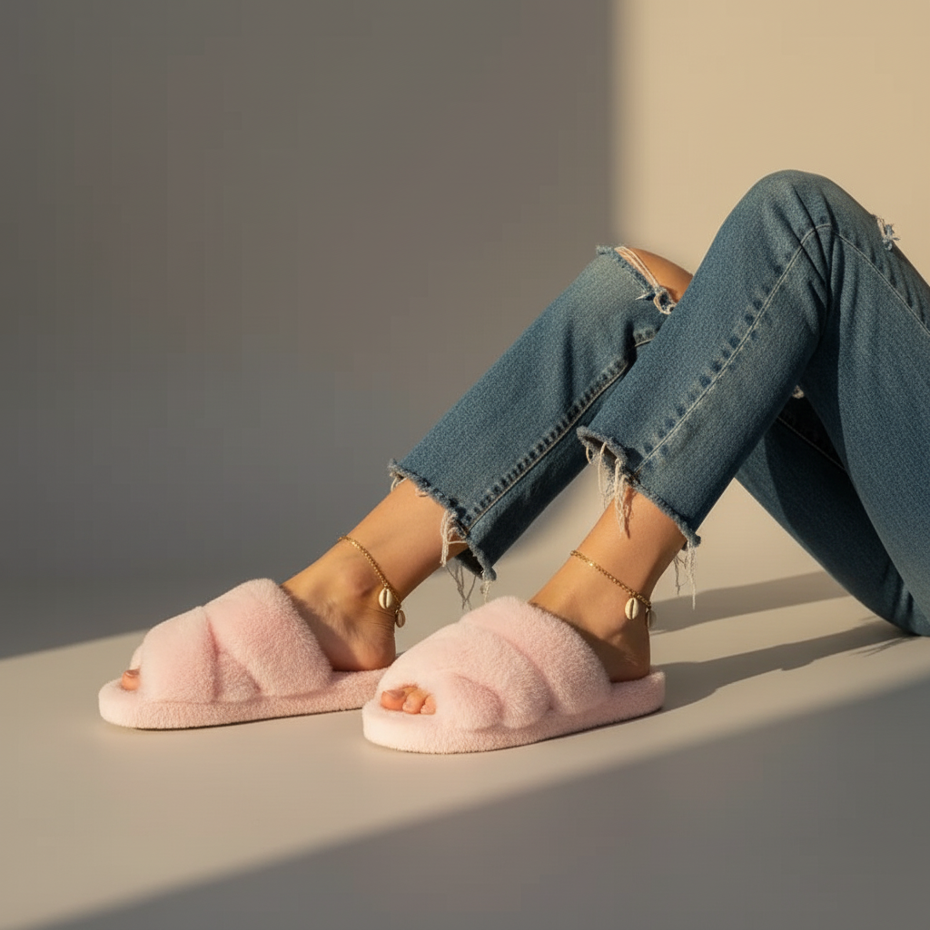 Women’s Open Toe Plush Slippers with Adjustable Strap - Soft Cushioned Sole for Indoor & Outdoor Comfort