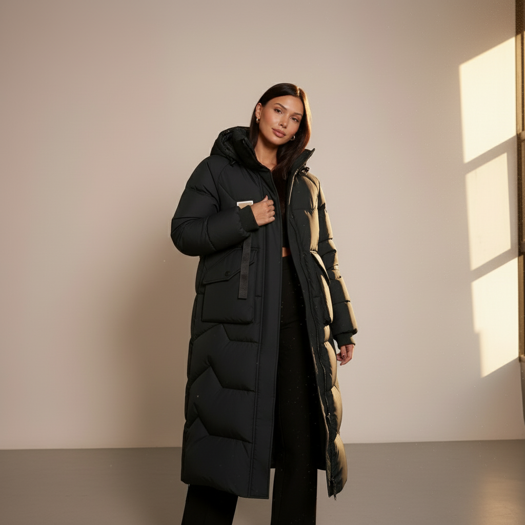 Julia Long Hooded Puffer Jacket - Quilted Padded Winter Coat for Women