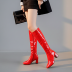 Women’s Shiny Knee High Boots with Block Heel - Sleek Gloss Finish and Modern Elegant Style