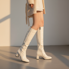 Women’s Shiny Knee High Boots with Block Heel - Sleek Gloss Finish and Modern Elegant Style
