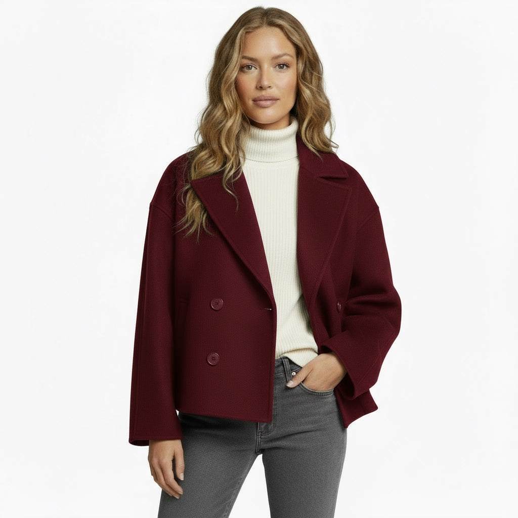 Women’s Short Double-Breasted Winter Jacket – Cropped Coat with Wide Lapels & Structured Fit