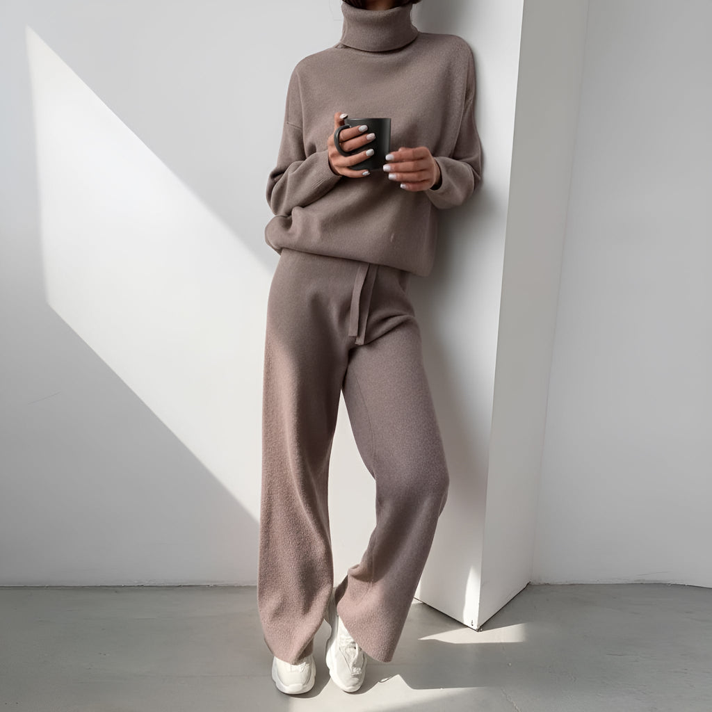 Women's Knitted 2 Set – Turtle Neck Sweater – Straight leg Pants – Soft Knit Lounge Wear