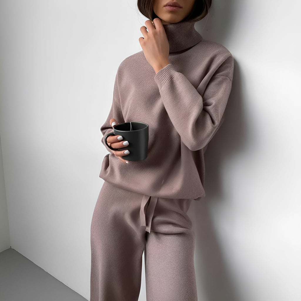 Women's Knitted 2 Set – Turtle Neck Sweater – Straight leg Pants – Soft Knit Lounge Wear